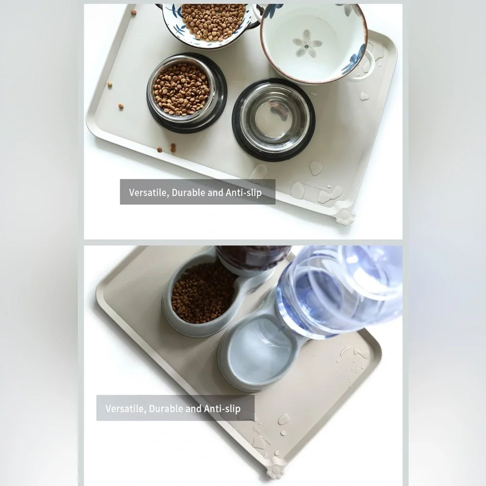 Silicone Pet Food Tray - High-Lip Waterproof Dog Cat Bowl Mats - Cream
